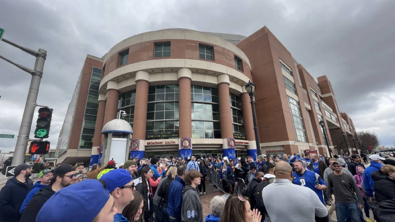 Fans wait to enter the Dome at America's Center in St. Louis Sunday March 12, 2023 ahead of the XFL matchup between the St. Louis Battlehawks and the Arlington Renegades. (Spectrum News/Gregg Palermo).