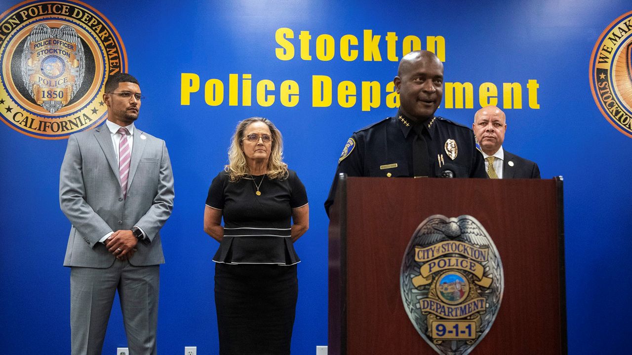 Stockton Police Chief Stanley McFadden speaks during a news conference at the Stockton Police Department headquarters about the arrest of suspect Wesley Brownlee in a series of killings in Stockton, Calif., Saturday, Oct. 15, 2022. Pictured behind McFadden are Stockton Mayor Kevin Lincoln, left, San Joaquin County District Attorney Tori Veber Salazar and Stockton city manager Harry Black. (Clifford Oto/The Record via AP)