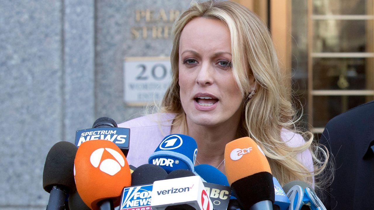 Adult film actress Stormy Daniels speaks outside federal court on April 16, 2018, in New York. (AP Photo/Mary Altaffer, File)
