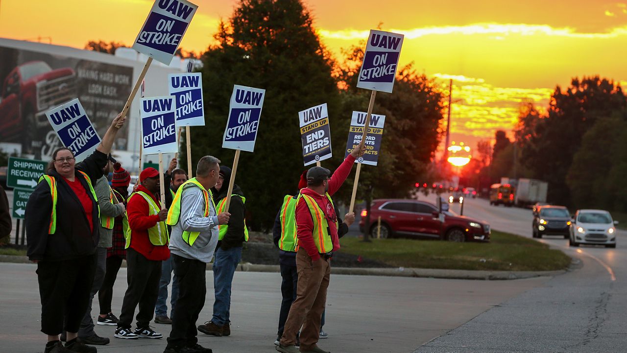 UAW local 862 members strike outside of Ford's Kentucky Truck Plant in Louisville on Thursday, Oct. 12, 2023.