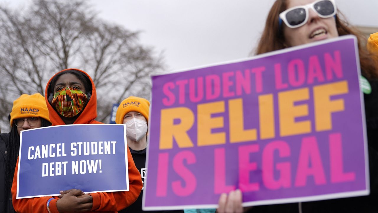 Student debt relief advocates gather in February outside the Supreme Court. (AP Photo/Patrick Semansky)