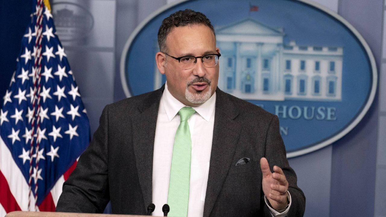 FILE - In this March 17, 2021, file photo, Education Secretary Miguel Cardona speaks during a press briefing at the White House in Washington. (AP Photo/Andrew Harnik, File)