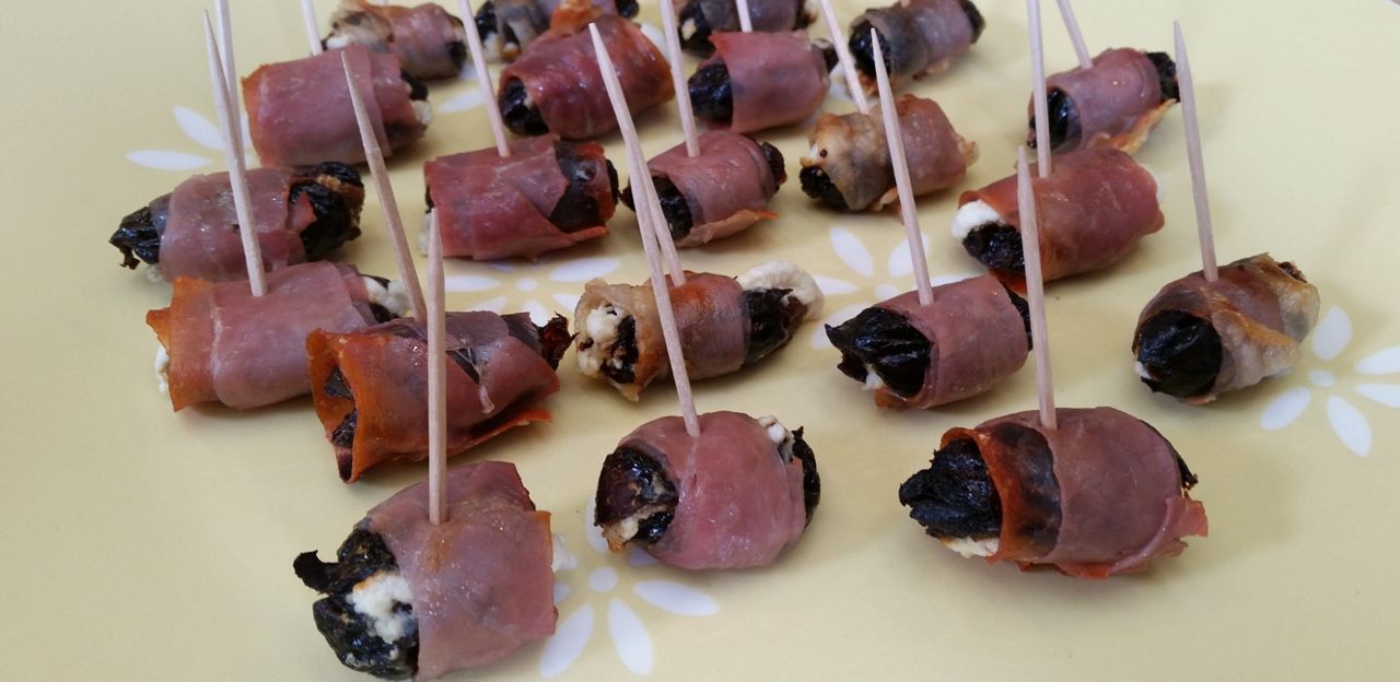 Prosciutto Wrapped Prunes with Pistachios and Goat Cheese