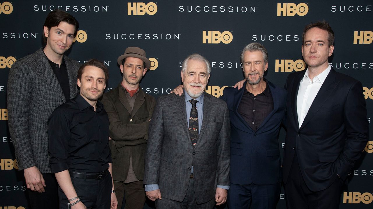 Nicholas Braun, from left, Kieran Culkin, Jeremy Strong, Brian Cox, Alan Ruck and Matthew Macfadyen attend a special screening of HBO's "Succession" at the Time Warner Center on Wednesday, April 17, 2019, in New York. (Photo by Andy Kropa/Invision/AP)