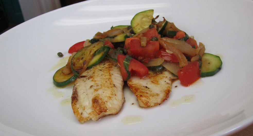 Tilapia with Tomatoes, Zucchini, Basil and Capers