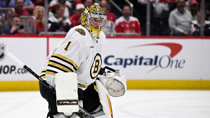 Boston Bruins goaltender Jeremy Swayman (1) in action during the first period of an NHL hockey game against the Washington Capitals, Monday, April 15, 2024, in Washington. (AP Photo/Nick Wass)