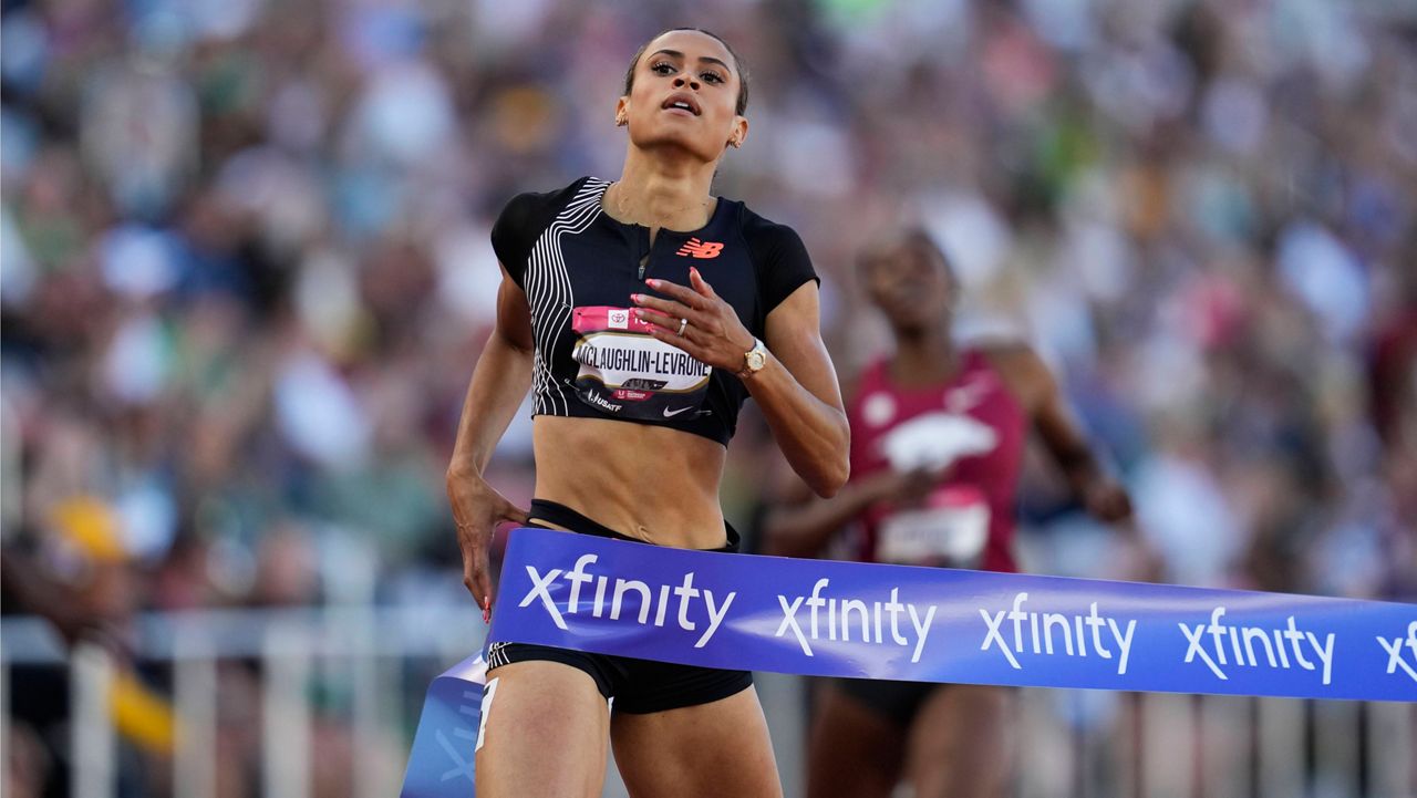 Sydney McLaughlin-Levrone crosses the finish line to win the women's 400 meter final during the U.S. track and field championships in Eugene, Ore., Saturday, July 8, 2023. (AP Photo/Ashley Landis)