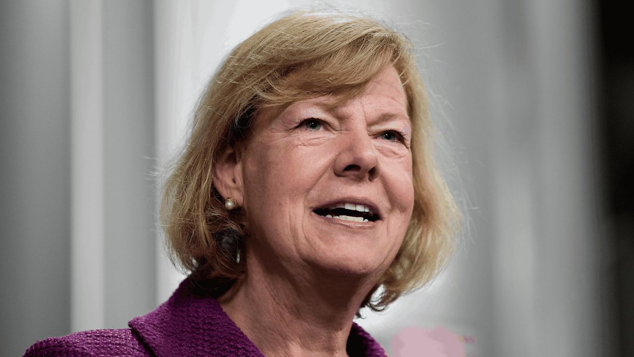 Sen. Tammy Baldwin, D-Wis., speaks before President Joe Biden at the Earth Rider Brewery, Thursday, Jan. 25, 2024, in Superior, Wis.