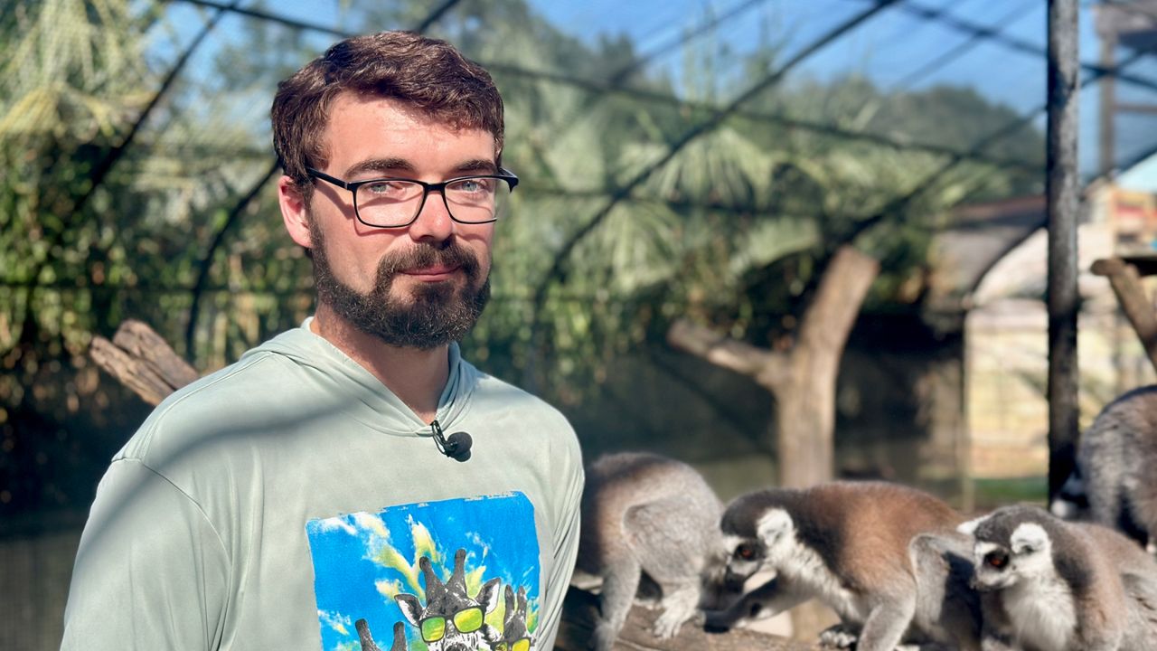 Chris Landry is manager of the Giraffe Ranch in Dade City, which also features a meerkat enclosure. Guests can sign up to feed them. (Spectrum News/Bobby Collins)