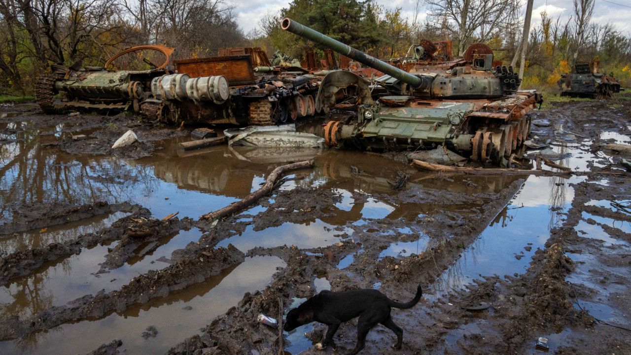 Russian tanks damaged in recent fighting are seen Sunday near the recently retaken village of Kamianka, in Ukraine's Kharkiv region. (AP Photo/Efrem Lukatsky)