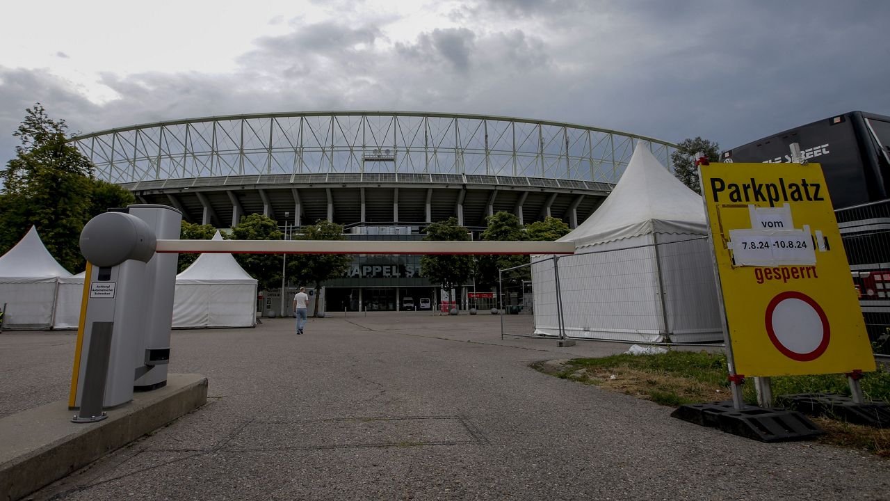 Outside view of the Ernst Happel stadium in Vienna on Thursday, Aug.8, 2024. (AP Photo/Heinz-Peter Bader)