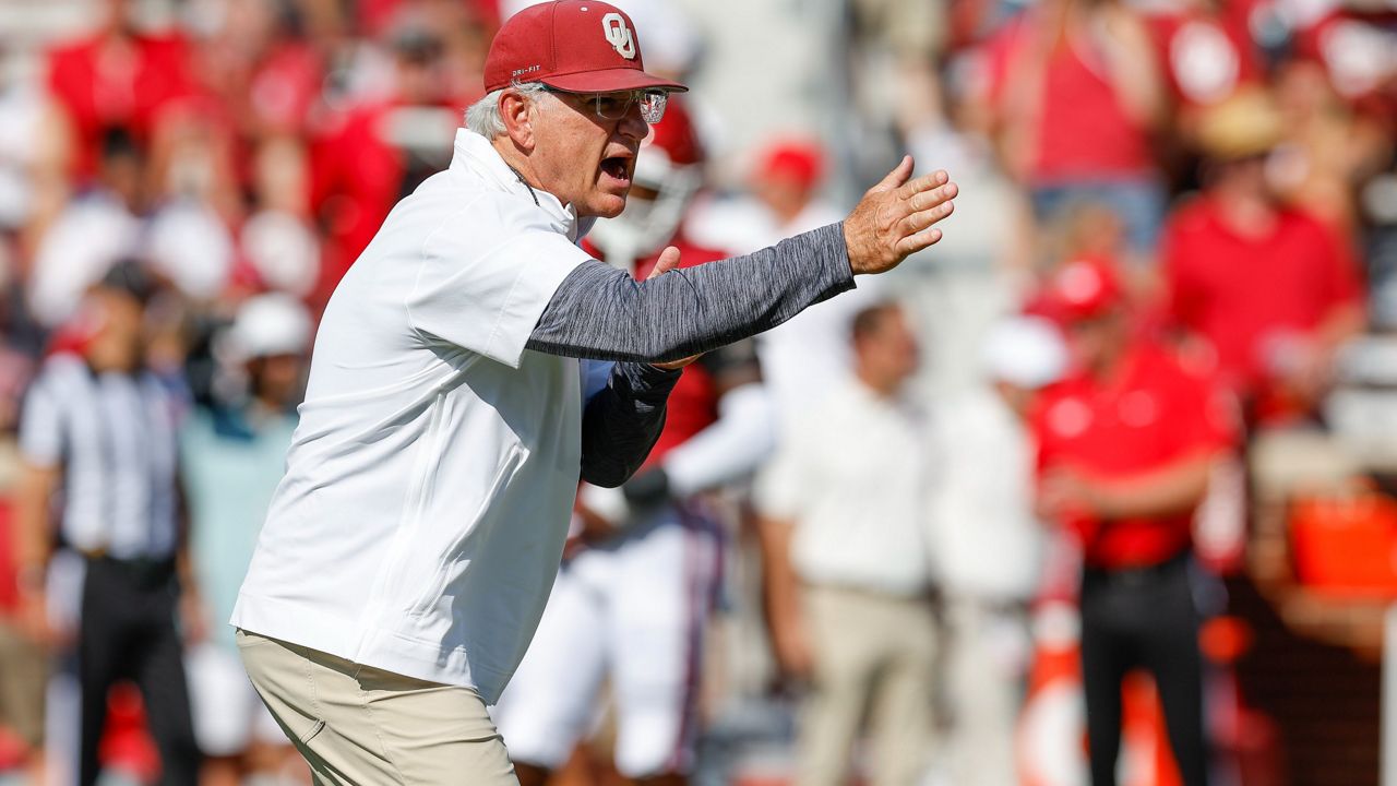 Ted Roof runs Okahoma through defensive drills before a game against Arkansas State on Sept. 2, 2023. He was the Sooners' defensive coordinator for 2 years and was hired for that role at UCF on Jan. 17, 2024.  (AP Photo/Alonzo Adams) 
