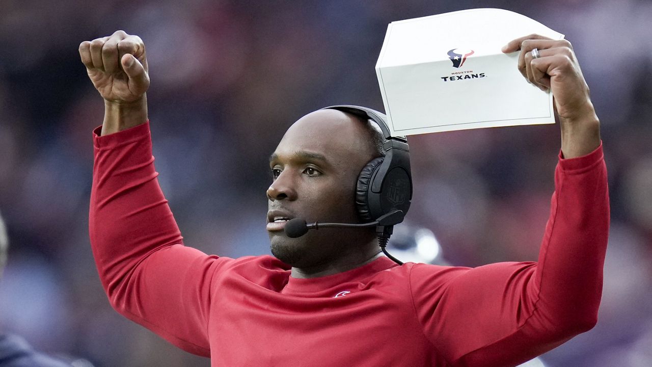 Houston Texans head coach DeMeco Ryans watches during the first half of an NFL wild-card playoff football game against the Cleveland Browns Saturday, Jan. 13, 2024, in Houston. (AP Photo/Eric Christian Smith)