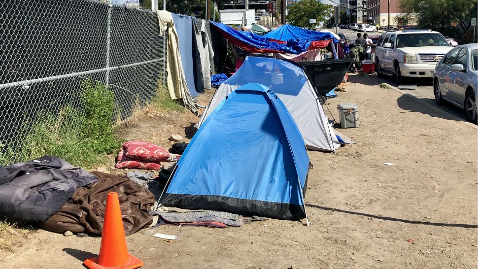 A homeless camp appears near the ARCH in Austin, Texas, in this file image. (Reena Diamante/Spectrum News)