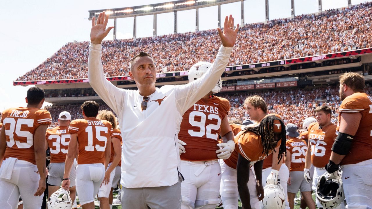 Texas head coach Steve Sarkisian waves to the fans after an NCAA college football game against Alabama, Saturday, Sept. 10, 2022, in Austin, Texas. Alabama won 20-19. (AP Photo/Michael Thomas)