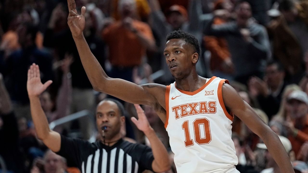 Texas guard Sir'Jabari Rice (10) reacts after scoring against Oklahoma during the second half of an NCAA college basketball game in Austin, Texas, Saturday, Feb. 18, 2023. (AP Photo/Eric Gay)