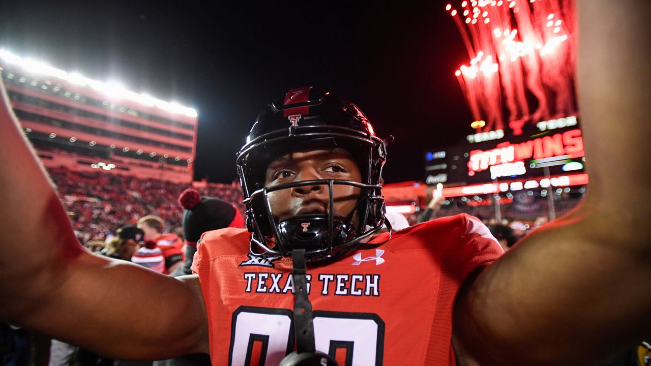 Texas Tech tight end Jayden York (89) celebrates the team's overtime win against Oklahoma in an NCAA college football game Saturday, Nov. 26, 2022, in Lubbock, Texas. (AP Photo/Justin Rex)