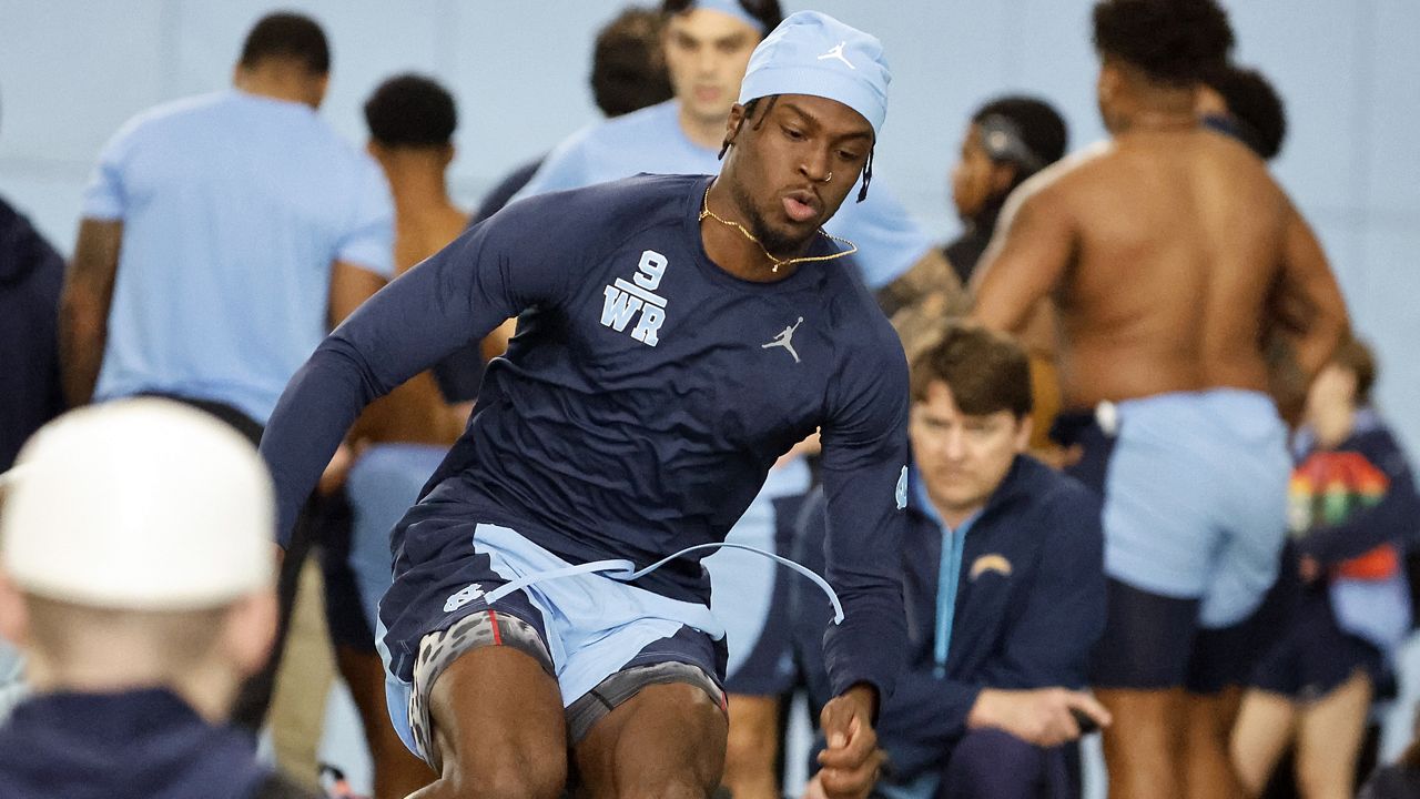 FILE - North Carolina wide receiver Devontez Walker participates in the team's NFL football pro day in Chapel Hill, N.C., March 28, 2024. The Baltimore Ravens drafted Walker in the fourth round of the NFL Draft in April. (AP Photo/Karl B DeBlaker, File)