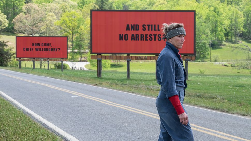 Frances McDormand as "Mildred Hayes" in THREE BILLBOARDS OUTSIDE EBBING, MISSOURI. Photo by Merrick Morton, courtesy of Fox Searchlight Pictures.