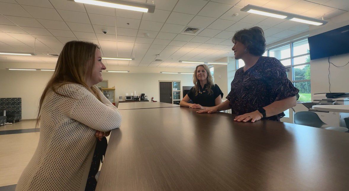 Dr. Maria Pharr, far right, is sharing memories with her former colleagues at South Piedmont Community College. Pharr had been serving as the college's president since 2017, but recently accepted another role in eastern North Carolina (Spectrum News 1/Jennifer Roberts)