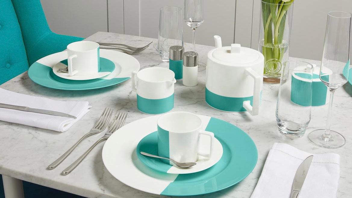 Tea for two at Tiffany’s new Blue Box Cafe costs $150 for takeaway and $900 if ordered with this color block bone china set. (Photo courtesy of Tiffany & Co.)