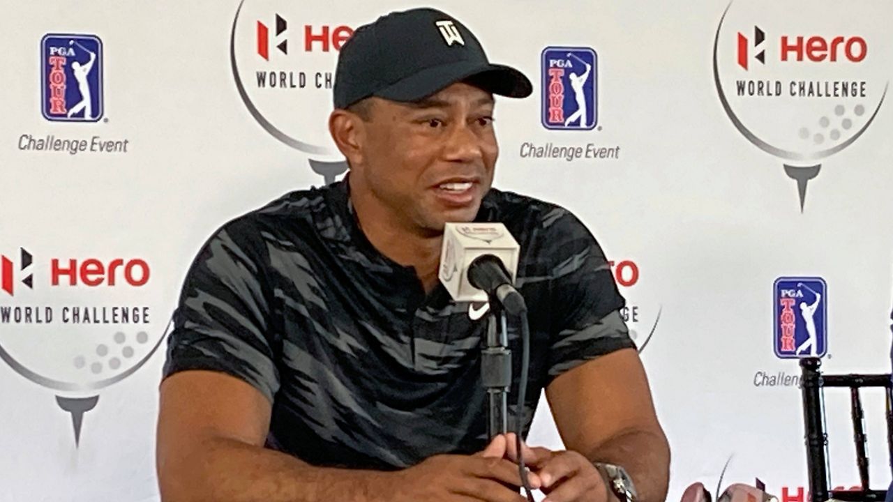Tiger Woods holds a press conference at the Hero World Challenge golf tournament in Nassau, Bahamas, on Tuesday. (AP Photo/Doug Ferguson)