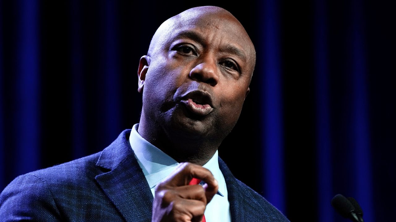 Sen. Tim Scott, R-S.C., speaks at the Republican Party of Iowa's 2023 Lincoln Dinner in Des Moines, Iowa, Friday, July 28, 2023. (AP Photo/Charlie Neibergall)