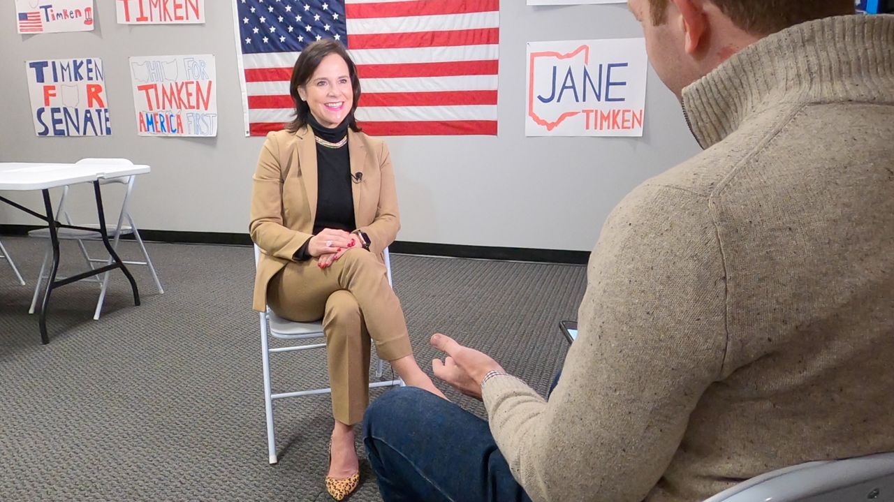 Ohio U.S. Senate candidate Jane Timken (R) during an interview in her Columbus campaign headquarters.