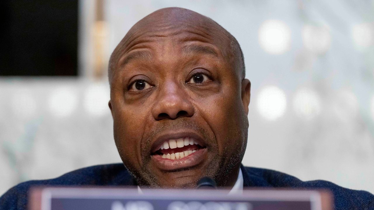 Ranking Member Sen. Tim Scott, R-S.C., speaks as Federal Reserve Chairman Jerome Powell testifies during a Senate Banking Committee hearing on Capitol Hill in Washington, Tuesday, March 7, 2023. (AP Photo/Andrew Harnik)