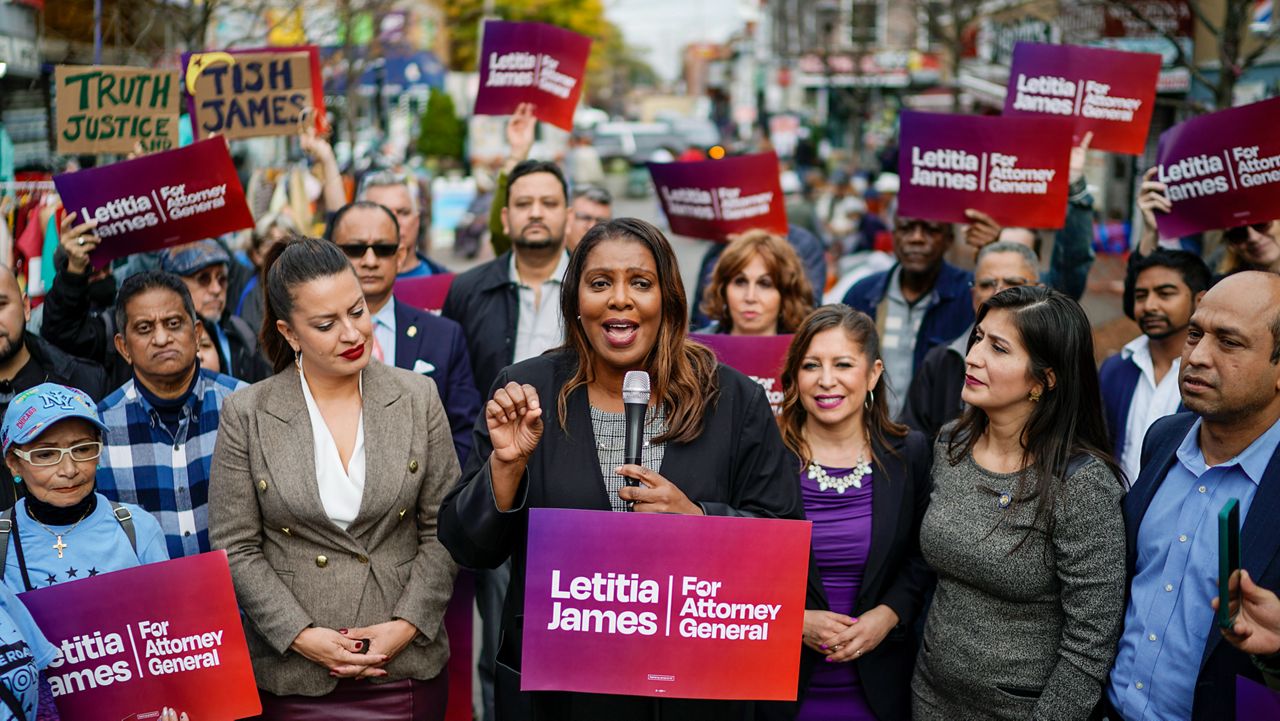 New York Attorney General Letitia James speaks to supporters during a campaign rally with community leaders in the Jackson Heights neighborhood in the Queens borough of New York, Tuesday, Nov. 1, 2022, (AP Photo/Eduardo Munoz Alvarez)