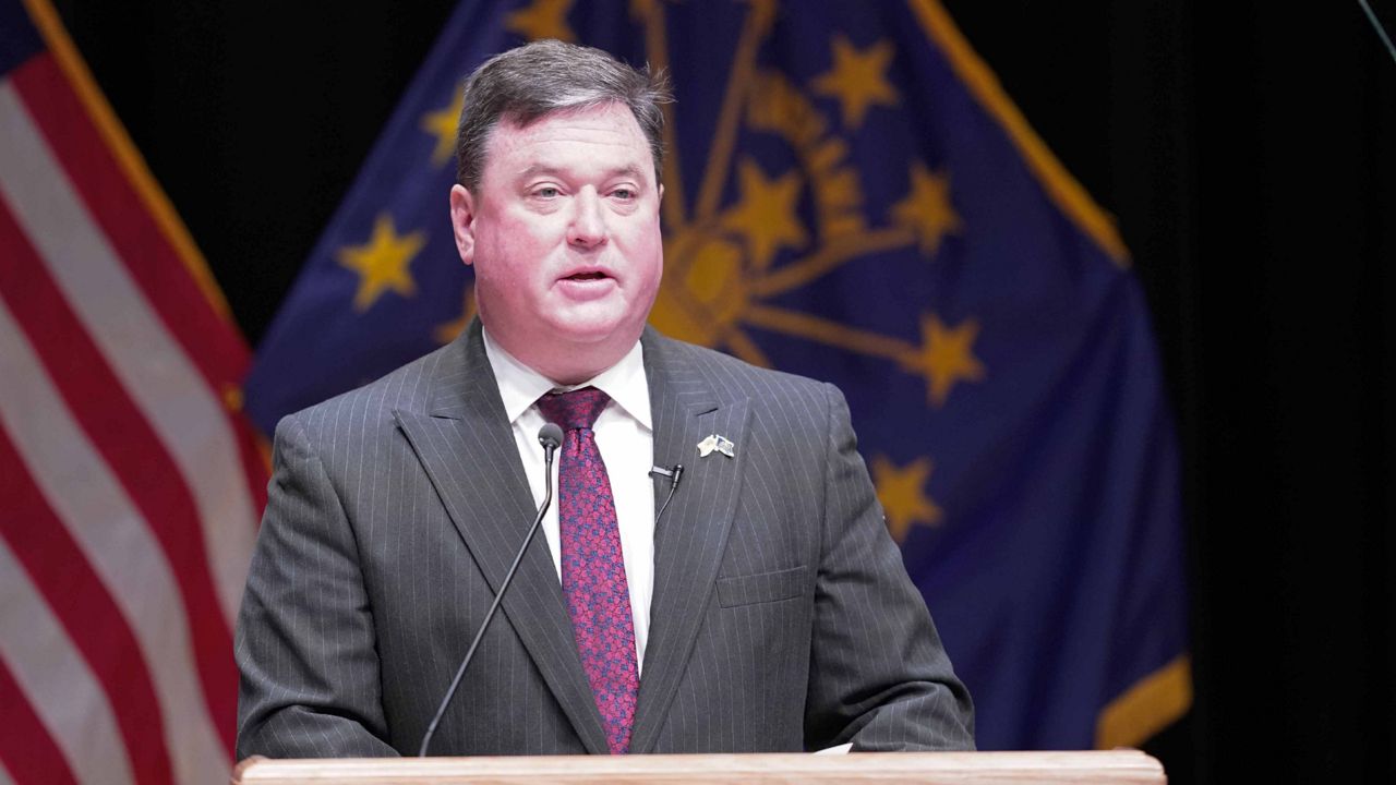 Indiana's attorney general Todd Rokita on Monday, Jan. 11, 2021, in Indianapolis. (AP Photo/Darron Cummings)