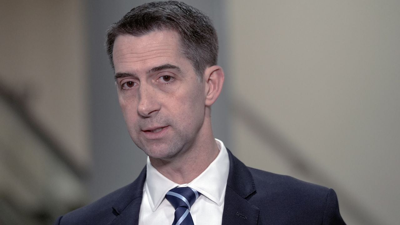 Sen. Tom Cotton, R-Ark., speaks with reporters at the Senate Subway on Capitol Hill Wednesday, March 20, 2024, in Washington. (AP Photo/Mariam Zuhaib, File)