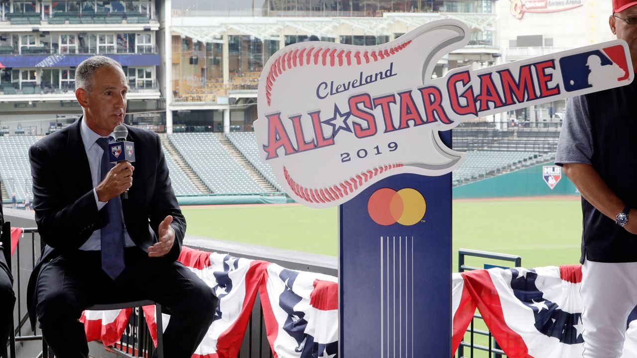 Tony Petitti, MLB Deputy Commissioner, Business & Media, talks during a news conference, Tuesday, Aug. 7, 2018, in Cleveland. The Big Ten is hiring former Major League Baseball executive Tony Petitti to be its next commissioner, a person with knowledge of the decision told The Associated Press on Tuesday night, April 11, 2023. (AP Photo/Tony Dejak)