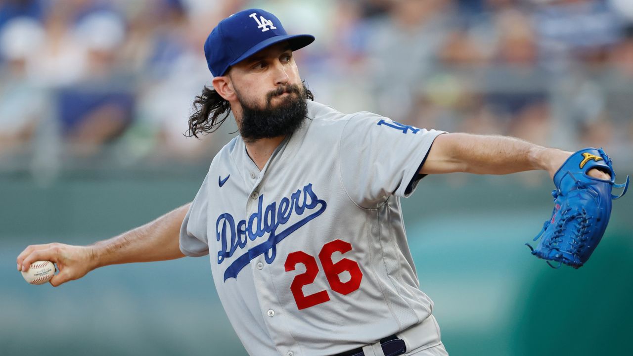 Los Angeles Dodgers pitcher Tony Gonsolin throws to a Kansas City Royals batter during the first inning of a baseball game in Kansas City, Mo., Friday, Aug. 12, 2022. (AP Photo/Colin E. Braley, File)