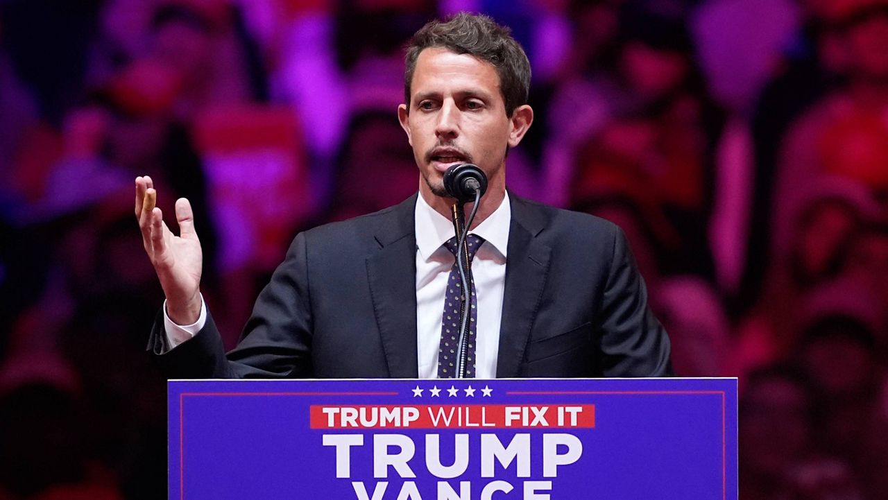 Tony Hinchcliffe speaks before Republican presidential nominee and former President Donald Trump during a campaign rally at Madison Square Garden, Sunday, Oct. 27, 2024, in New York. (AP Photo/Evan Vucci)