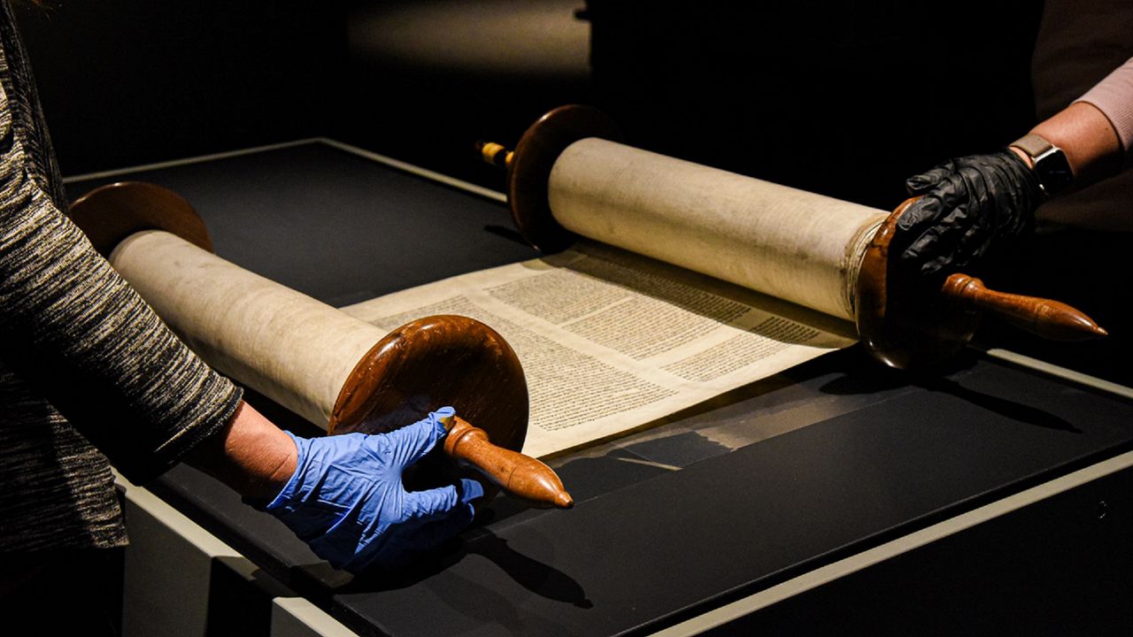 A photo of a Torah scroll on display in the 'Our Shared Story' exhibit at the Cincinnati Museum Center. (Photo courtesy of Cincinnati Museum Center)
