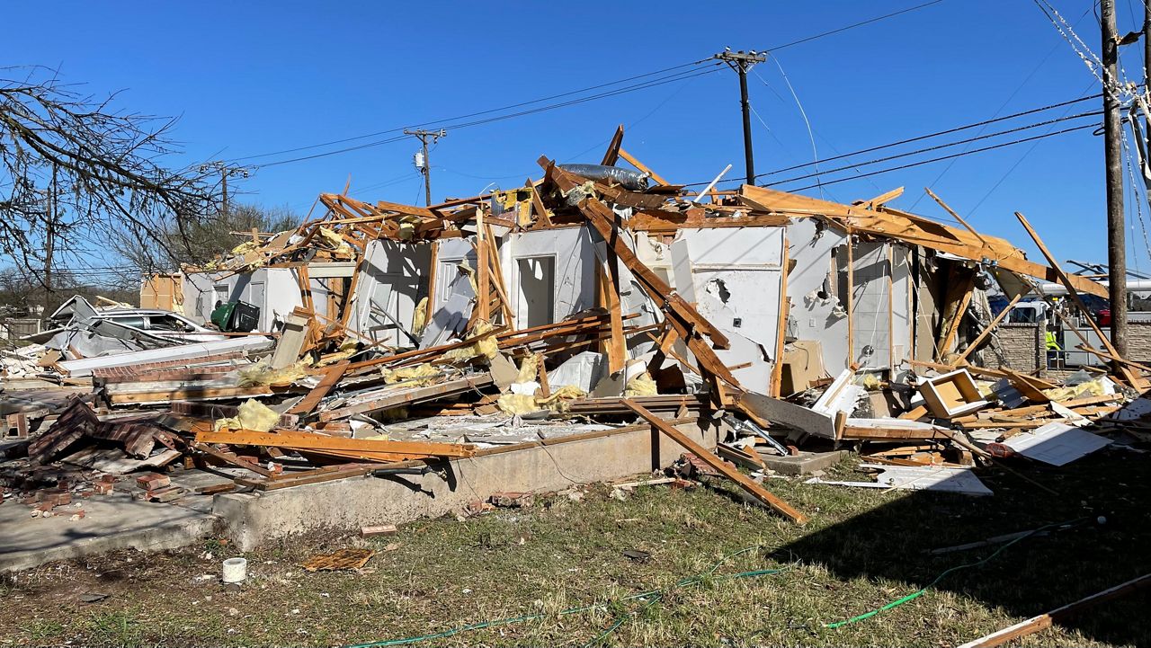 A house in Round Rock, Texas, is in ruins following a tornado on March 21, 2022. (Spectrum News 1/Charlotte Scott)