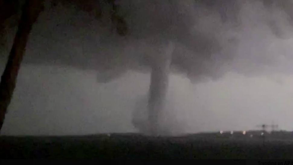 This Oct. 20, 2019 image made from video by Twitter user @AthenaRising shows the tornado in Rockwall, TX. The National Weather Service confirmed a tornado touched down in Dallas on Sunday night, causing structural damage and knocking out electricity to thousands. (@AthenaRising via AP)