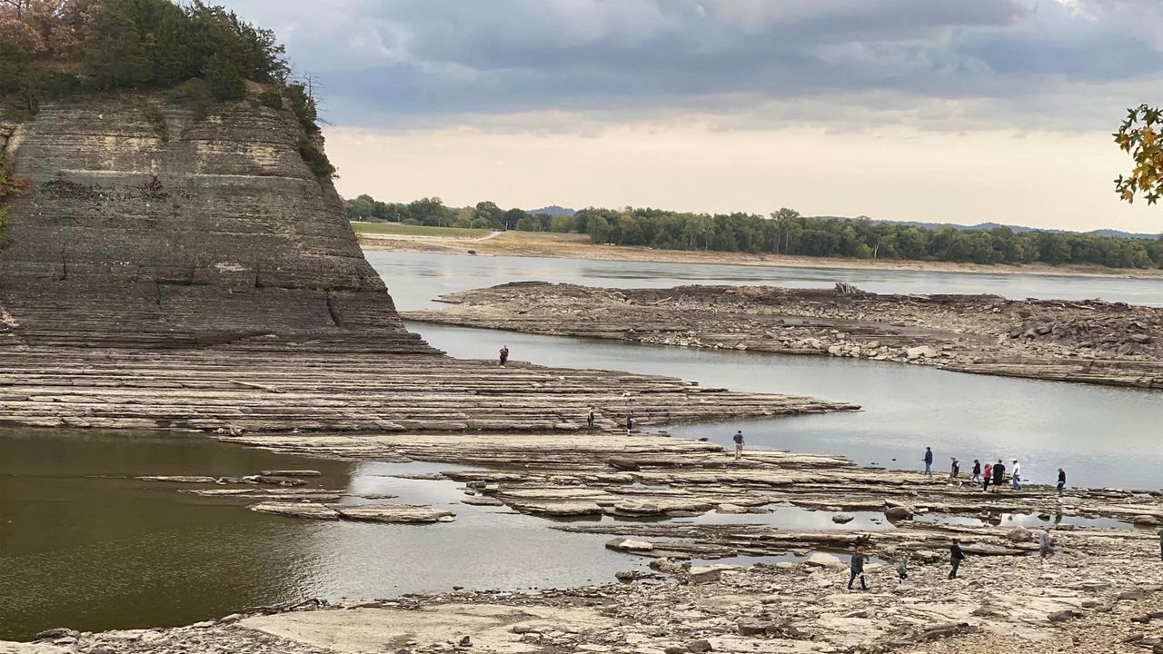 Visitors can walk to Tower Rock due to low Mississippi River levels