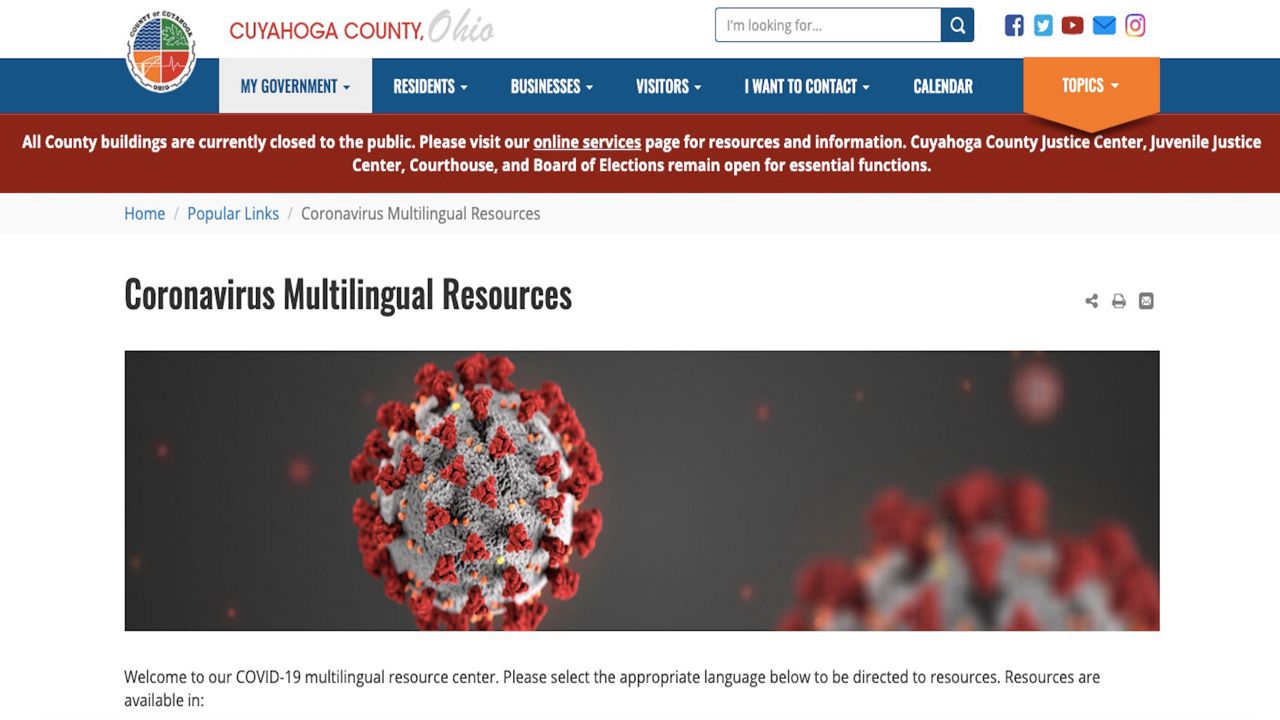 Cuyahoga County website with Coronavirus Multilingual Resources