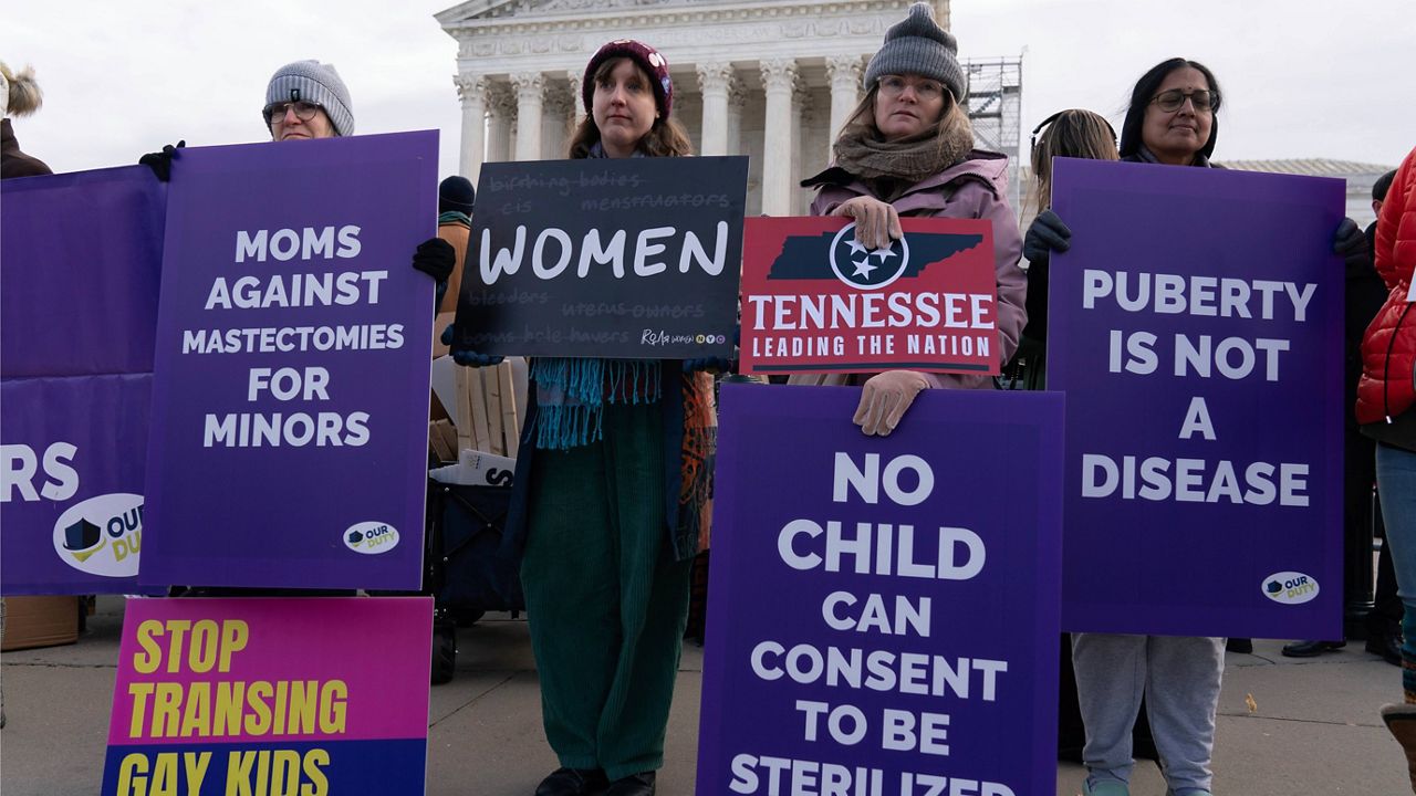Demonstrators against transgender rights protest during a rally outside of the Supreme Court, Wednesday, Dec. 4, 2024, in Washington. (AP Photo/Jose Luis Magana, File)