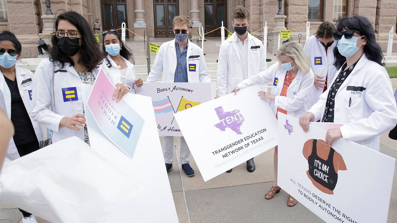 Medical professionals speak out against legislation that would ban the gender-affirming medical care recommended by every major medical association at a rally at the Texas State Capitol on Tuesday, May 4, 2021 in Austin. (Erich Schlegel/AP Images for Human Rights Campaign)