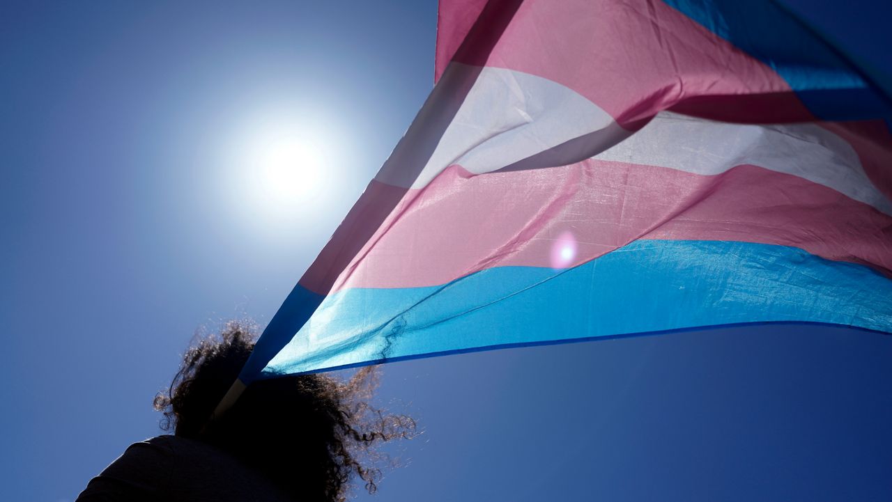 An attendee carries a Transgender flag during a march to celebrate International Transgender Day of Visibility, in Lisbon, Portugal, Sunday, March 31, 2024. (AP Photo/Armando Franca)