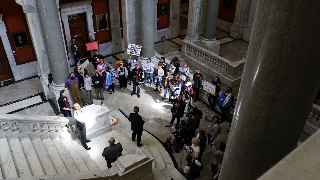 Those for and against Senate Bill 150, the transgender measure, protested at the Kentucky Capitol on March 29, 2023. (Spectrum News 1/Mason Brighton)