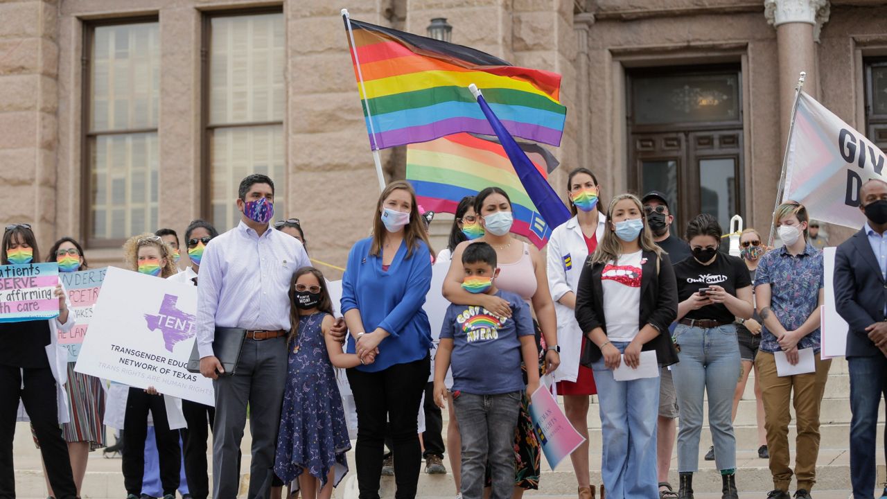 LGBTQ advocates rally at the Texas State Capitol on Tuesday, May 4, 2021 in Austin. (Erich Schlegel/AP Images for Human Rights Campaign)