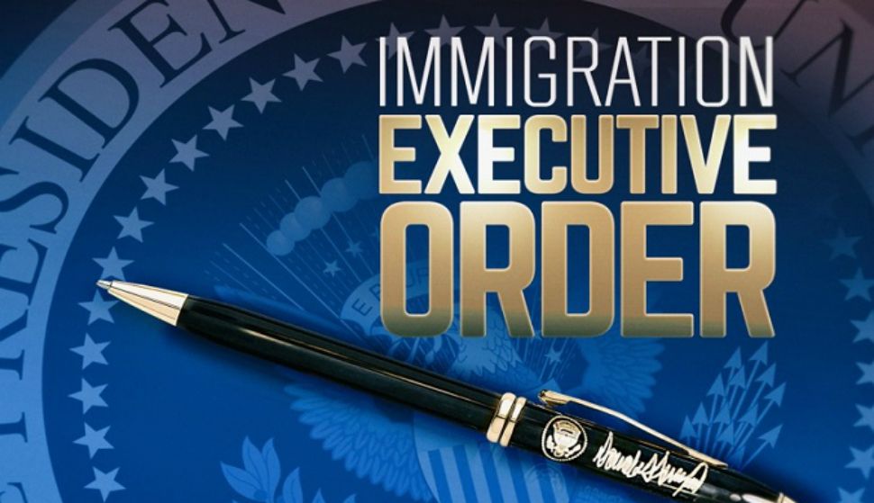 Illustration for Trump travel ban executive order - presidential seal with pen