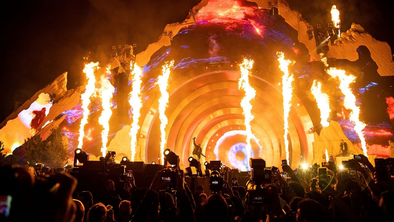 Travis Scott performs on day one of the Astroworld Music Festival at NRG Park on Friday, Nov. 5, 2021, in Houston. (Photo by Amy Harris/Invision/AP)