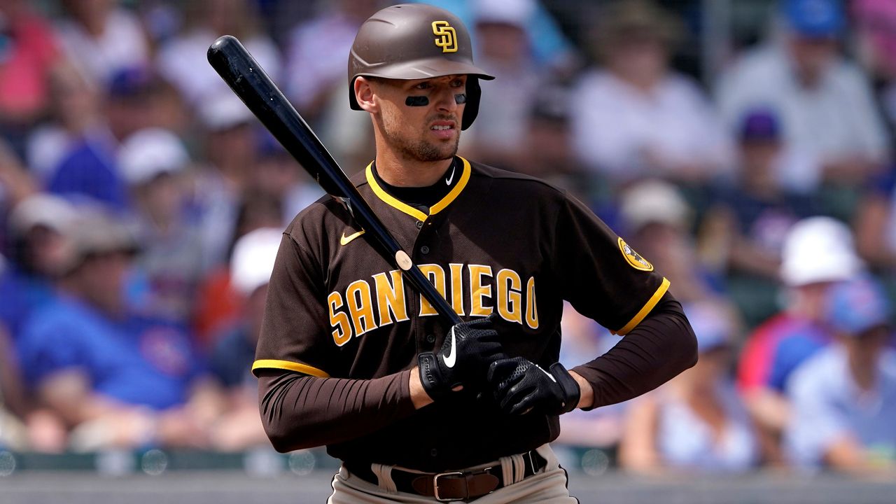 Los Angeles Dodgers center fielder Trayce Thompson looks on during