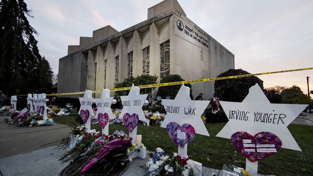 A makeshift memorial stands outside the Tree of Life Synagogue in the aftermath of a deadly shooting in Pittsburgh, Oct. 29, 2018. (AP Photo/Matt Rourke, File)