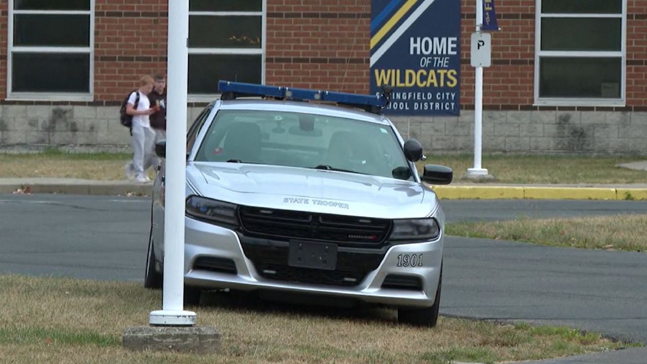 An Ohio State Highway Patrol trooper parked outside a Springfield City School building in Springfield, Ohio. (Spectrum News 1/Jamilah Muhammad)